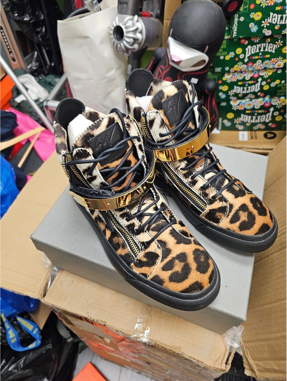 Giuseppe Zanotti Leopard Print Calf Hair High Top Sneakers size 42  NEW